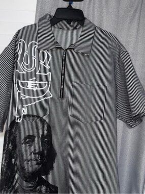 Striped Black & White Short-Sleeve Button Polo Shirt